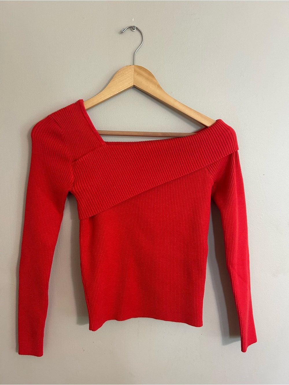 Off-Shoulder Ribbed Knit Sweater in Red